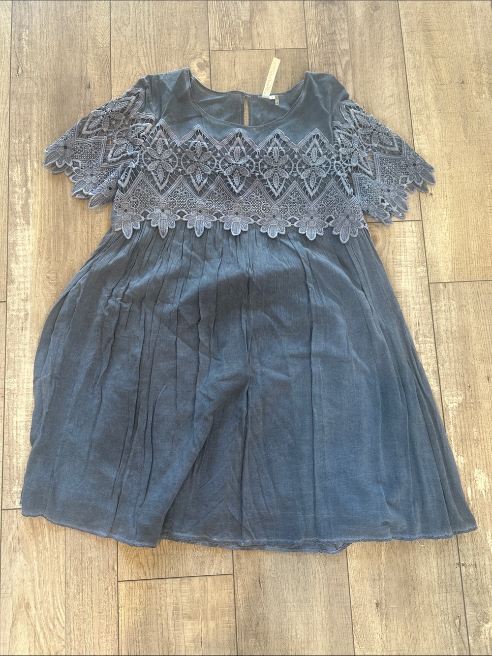 Girls Embroidered Lace Yoke Mini Dress - Navy